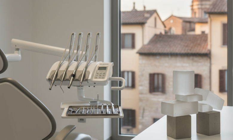 Interno di uno studio dentistico moderno e luminoso in Italia, con strumenti odontoiatrici sterili in primo piano e una pila di blocchi astratti che simboleggiano la pianificazione finanziaria su una scrivania. Sullo sfondo sfocato si intravede una classica città italiana, a rappresentare la trasparenza sui costi delle cure dentali.