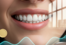 Un primo piano di un sorriso sano e luminoso in un ambiente dentistico moderno e pulito. Sullo sfondo sfocato, si intravedono elementi astratti che suggeriscono la gestione dei costi o la pianificazione finanziaria, con un tocco di architettura italiana molto sottile.