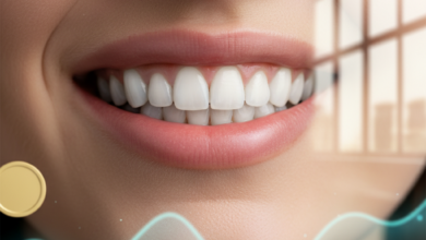 Un primo piano di un sorriso sano e luminoso in un ambiente dentistico moderno e pulito. Sullo sfondo sfocato, si intravedono elementi astratti che suggeriscono la gestione dei costi o la pianificazione finanziaria, con un tocco di architettura italiana molto sottile.