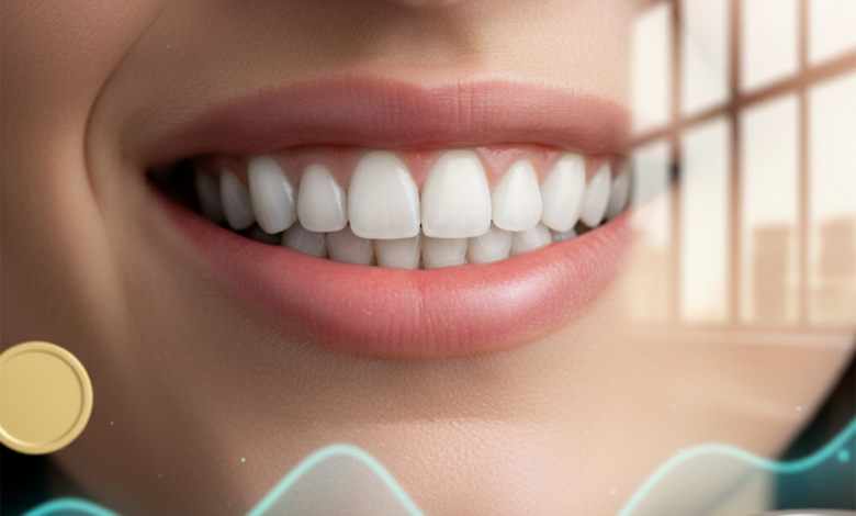 Un primo piano di un sorriso sano e luminoso in un ambiente dentistico moderno e pulito. Sullo sfondo sfocato, si intravedono elementi astratti che suggeriscono la gestione dei costi o la pianificazione finanziaria, con un tocco di architettura italiana molto sottile.