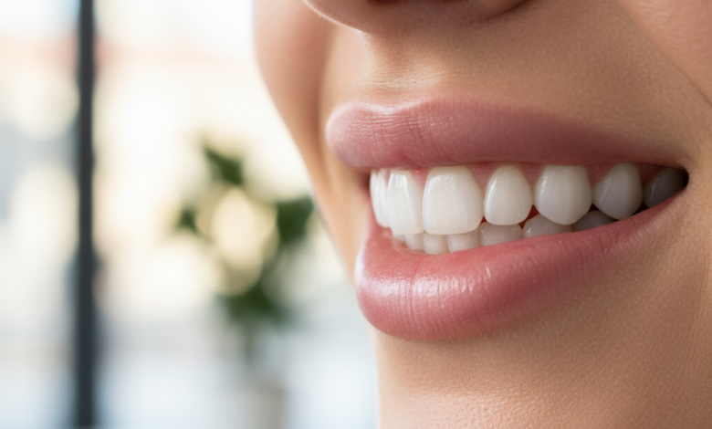 Primo piano fotorealistico di un sorriso sano e armonioso, con denti bianchi e gengive perfettamente contornate, sullo sfondo sfocato di una moderna clinica dentale che evoca un ambiente italiano.