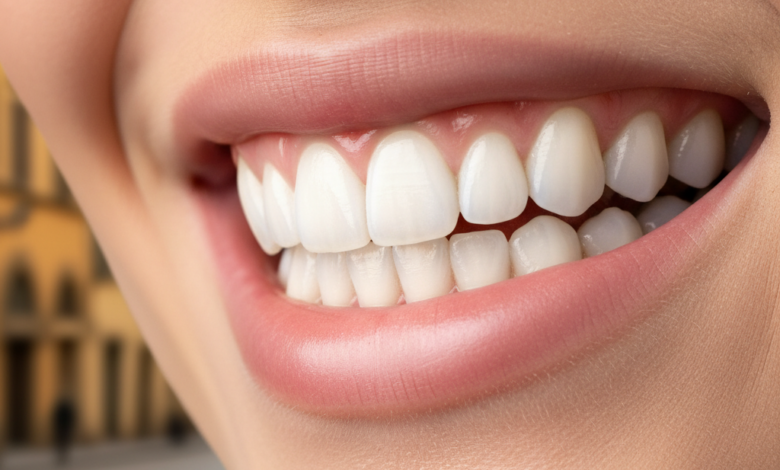 Primo piano di un sorriso luminoso e perfettamente bianco, con denti sani e splendenti. Le labbra sono delicatamente curvate in un'espressione felice. Lo sfondo è estremamente sfocato ma suggerisce un ambiente urbano italiano con luce calda.