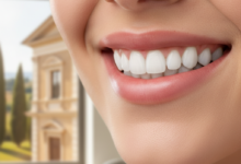 Primo piano fotorealistico di un sorriso radioso con denti bianchi e allineati, ambientato in una clinica dentale moderna con uno sfondo sfocato che suggerisce un paesaggio italiano.