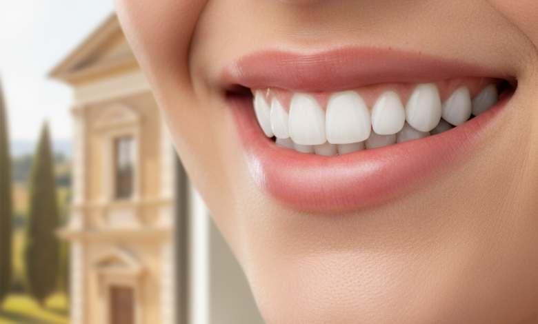 Primo piano fotorealistico di un sorriso radioso con denti bianchi e allineati, ambientato in una clinica dentale moderna con uno sfondo sfocato che suggerisce un paesaggio italiano.