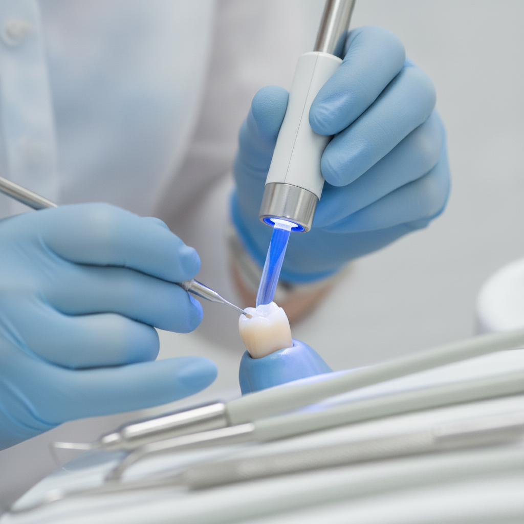 Procedura di applicazione del composito dentale Composite Dentale Italia: Il dentista applica con cura il materiale strato dopo strato per il restauro.