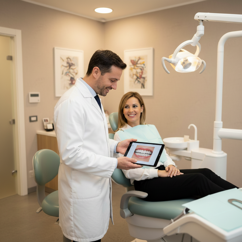 Consultazione dentale per il rifacimento del sorriso. Smile Makeover in Italia: valutazione iniziale e pianificazione dettagliata con il dentista esperto.
