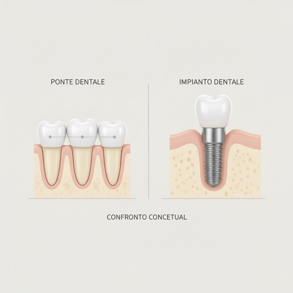 Denti: Ponte Dentale e Impianto a confronto. Ponte Dentale vs Impianto in Italia: confronto visivo delle due principali soluzioni per sostituire i denti.