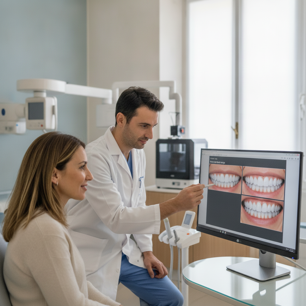 Pianificazione dettagliata per il nuovo sorriso Riabilitazione Orale Completa Italia: un dentista mostra il Digital Smile Design al paziente per un piano personalizzato.