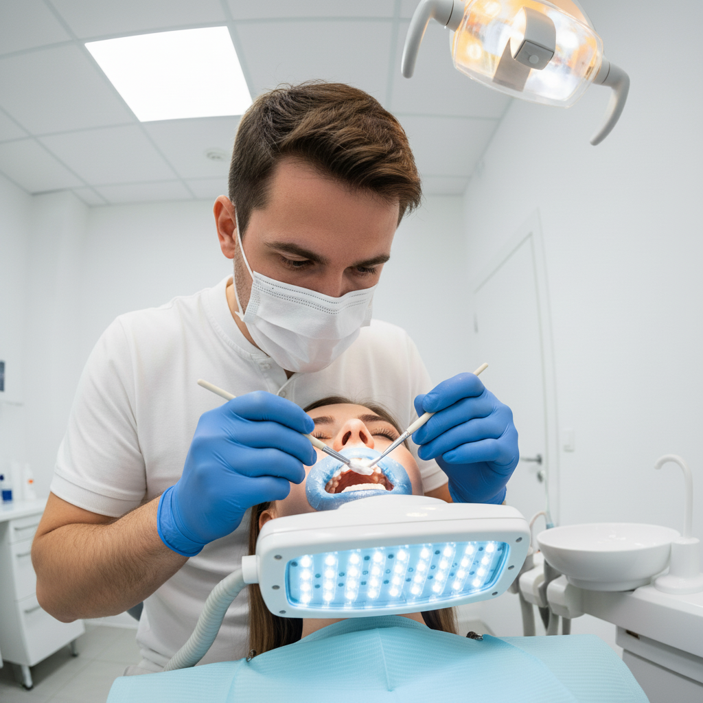 Procedura di sbiancamento dentale supervisionata. Sbiancamento Dentale Italia: Un dentista applica gel sbiancante e lampada per un sorriso più luminoso.