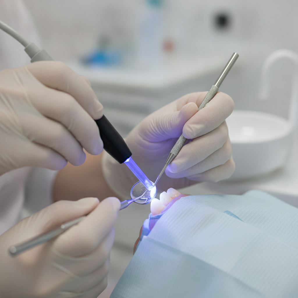 Tecnica di applicazione del composito dentale Composite Dentale Italia: Il dentista applica il composito, una soluzione estetica e funzionale al dente.