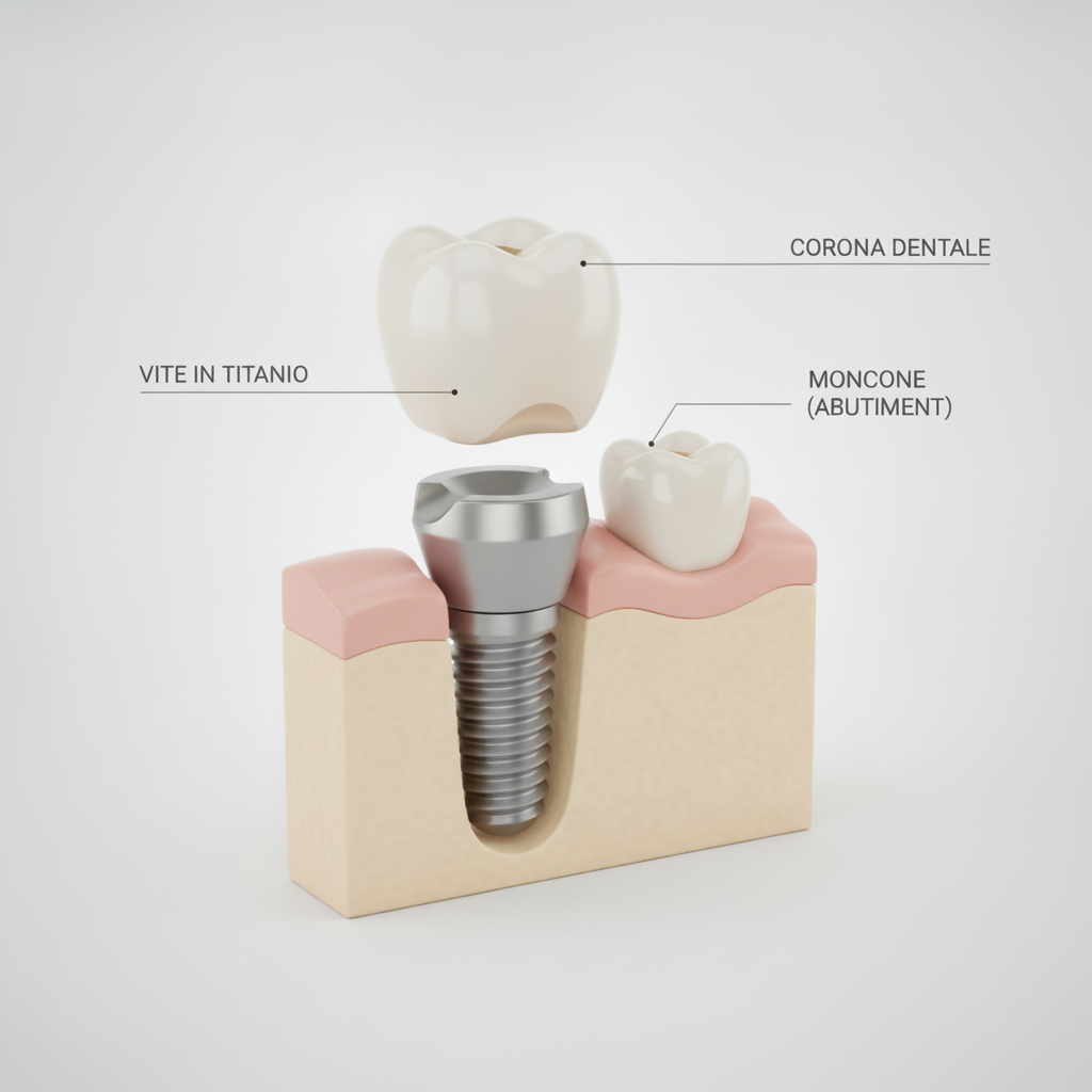 Struttura dettagliata di un impianto dentale Ponte Dentale vs Impianto in Italia: L'impianto dentale comprende vite in titanio, moncone e corona.
