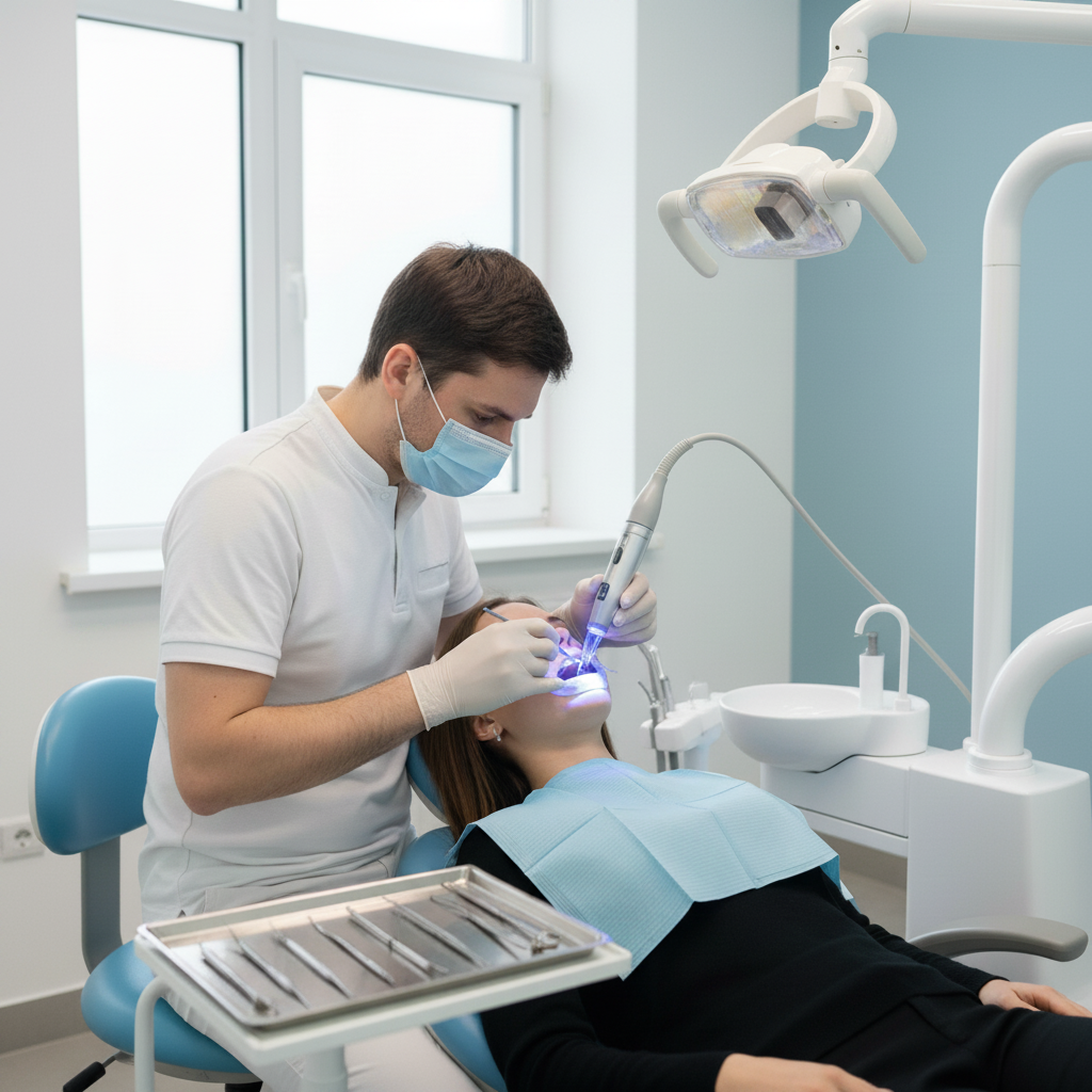 Trattamento sbiancante professionale eseguito in clinica Sbiancamento Dentale Italia, il processo professionale in studio con applicazione gel e lampada LED