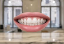 Un primo piano dettagliato di un sorriso umano sano e luminoso, con gengive rosa perfette e denti bianchi e allineati. Lo sfondo è sfocato, mostrando un ambiente interno elegante con lievi dettagli architettonici che suggeriscono uno stile italiano.