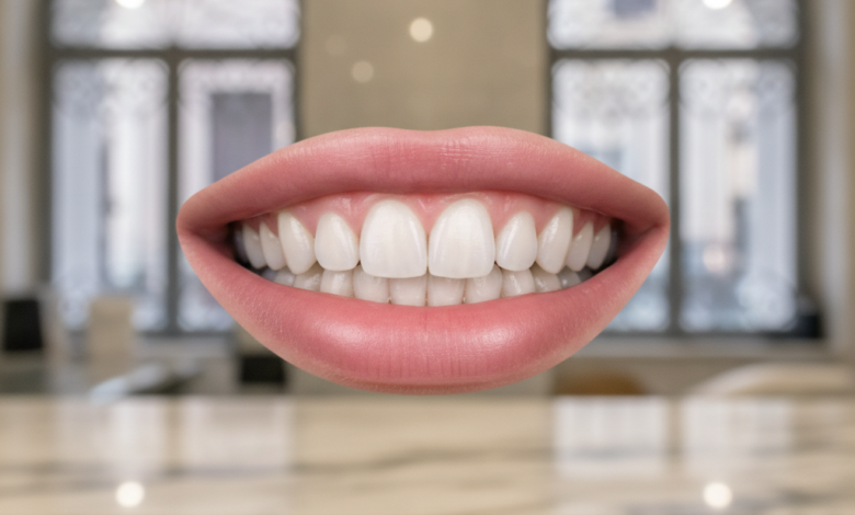 Un primo piano dettagliato di un sorriso umano sano e luminoso, con gengive rosa perfette e denti bianchi e allineati. Lo sfondo è sfocato, mostrando un ambiente interno elegante con lievi dettagli architettonici che suggeriscono uno stile italiano.
