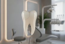 Un primo piano fotorealistico e dettagliato di un dente singolo, probabilmente un incisivo o un premolare, che mostra un'otturazione in composito di colore bianco, completamente invisibile e fusa con lo smalto naturale del dente. La superficie del dente è liscia e riflette la luce. Lo sfondo è un ambiente clinico dentistico moderno e sterilizzato, sfocato per mettere in risalto il dente.