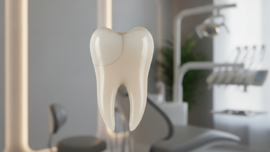 Un primo piano fotorealistico e dettagliato di un dente singolo, probabilmente un incisivo o un premolare, che mostra un'otturazione in composito di colore bianco, completamente invisibile e fusa con lo smalto naturale del dente. La superficie del dente è liscia e riflette la luce. Lo sfondo è un ambiente clinico dentistico moderno e sterilizzato, sfocato per mettere in risalto il dente.