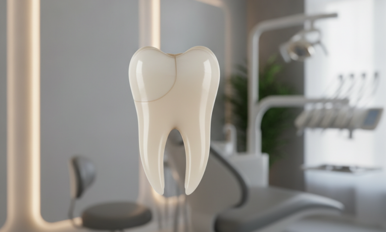 Un primo piano fotorealistico e dettagliato di un dente singolo, probabilmente un incisivo o un premolare, che mostra un'otturazione in composito di colore bianco, completamente invisibile e fusa con lo smalto naturale del dente. La superficie del dente è liscia e riflette la luce. Lo sfondo è un ambiente clinico dentistico moderno e sterilizzato, sfocato per mettere in risalto il dente.