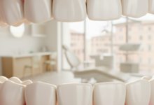 Una corona dentale singola e immacolata o un gruppo di denti restaurati alla perfezione, posizionati al centro con una luce morbida e riflettente. Lo sfondo è un ambiente moderno e pulito, sfocato, con leggere sfumature che richiamano l'architettura italiana in lontananza.