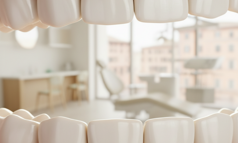Una corona dentale singola e immacolata o un gruppo di denti restaurati alla perfezione, posizionati al centro con una luce morbida e riflettente. Lo sfondo è un ambiente moderno e pulito, sfocato, con leggere sfumature che richiamano l'architettura italiana in lontananza.