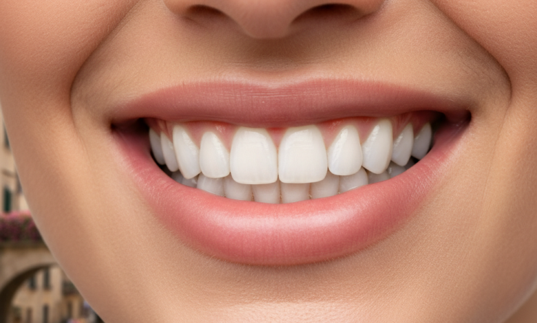 Una foto ravvicinata e dettagliata di un sorriso sano e radioso con denti bianchi, allineati e dall'aspetto naturale. Le labbra sono leggermente aperte e lo sfondo è un paesaggio urbano italiano sottilmente sfocato.