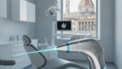 Immagine fotorealistica di un manipolo laser dentale avanzato e lucido, con un fascio di luce. Il dispositivo è in primo piano nitido, mentre lo sfondo è sfocato e mostra un moderno ambiente odontoiatrico e un vago scorcio architettonico italiano, illuminato da una luce professionale e serena. Nessun testo visibile.