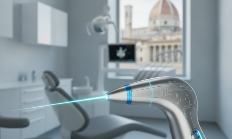 Immagine fotorealistica di un manipolo laser dentale avanzato e lucido, con un fascio di luce. Il dispositivo è in primo piano nitido, mentre lo sfondo è sfocato e mostra un moderno ambiente odontoiatrico e un vago scorcio architettonico italiano, illuminato da una luce professionale e serena. Nessun testo visibile.
