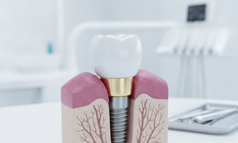 Un primo piano fotorealistico di un impianto dentale perfettamente integrato con vite in titanio e corona in ceramica, simbolo di longevità e salute orale.