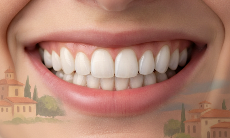 Primo piano fotorealistico di un sorriso perfetto con denti bianchi, sani e ben allineati, su uno sfondo sfocato che suggerisce un paesaggio o architettura italiana.