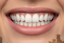 Primo piano dettagliato di un sorriso con denti estremamente bianchi e sani, con gengive naturali e labbra leggermente aperte. Lo sfondo è un paesaggio urbano europeo indistinto e sfocato, con una luce calda che suggerisce l'Italia. L'immagine è pulita e priva di qualsiasi testo o logo.