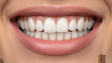 Primo piano dettagliato di un sorriso con denti estremamente bianchi e sani, con gengive naturali e labbra leggermente aperte. Lo sfondo è un paesaggio urbano europeo indistinto e sfocato, con una luce calda che suggerisce l'Italia. L'immagine è pulita e priva di qualsiasi testo o logo.