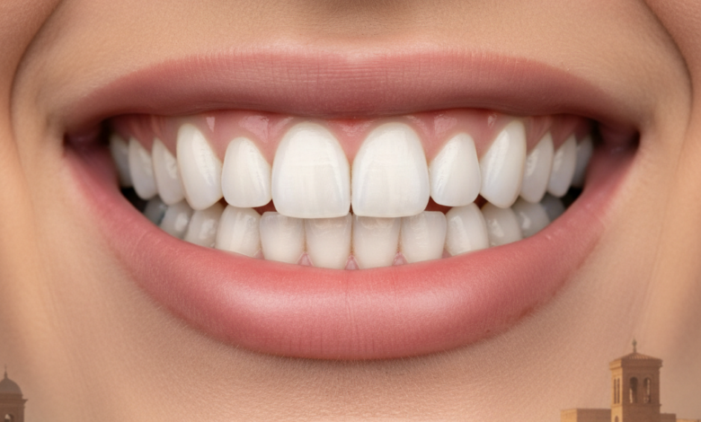 Primo piano dettagliato di un sorriso con denti estremamente bianchi e sani, con gengive naturali e labbra leggermente aperte. Lo sfondo è un paesaggio urbano europeo indistinto e sfocato, con una luce calda che suggerisce l'Italia. L'immagine è pulita e priva di qualsiasi testo o logo.