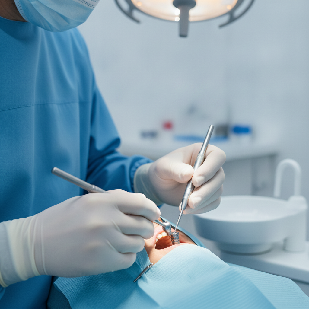 Chirurgia per impianti dentali professionali Quante Visite Servono per gli Impianti? Un dentista inserisce un impianto in titanio, fase chirurgica cruciale del trattamento.