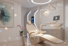 Interno di una moderna clinica dentale con una poltrona comoda e illuminazione soffusa, simboleggiando trattamenti indolori e rilassamento.