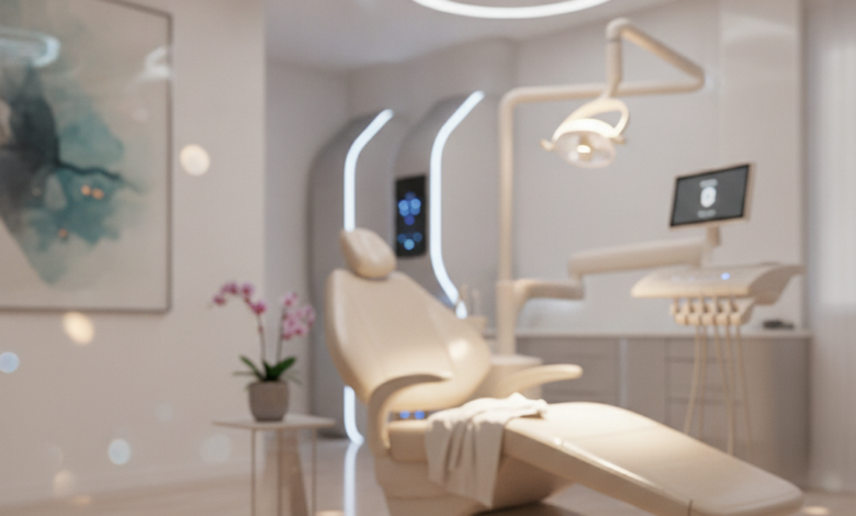 Interno di una moderna clinica dentale con una poltrona comoda e illuminazione soffusa, simboleggiando trattamenti indolori e rilassamento.
