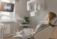 Immagine ravvicinata e rassicurante di un paziente rilassato su una poltrona dentistica ultramoderna e pulita, con strumenti dentistici avanzati leggermente sfocati sullo sfondo, che simboleggia l'odontoiatria indolore e confortevole.