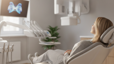 Immagine ravvicinata e rassicurante di un paziente rilassato su una poltrona dentistica ultramoderna e pulita, con strumenti dentistici avanzati leggermente sfocati sullo sfondo, che simboleggia l'odontoiatria indolore e confortevole.