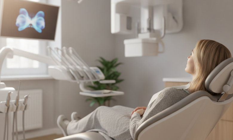 Immagine ravvicinata e rassicurante di un paziente rilassato su una poltrona dentistica ultramoderna e pulita, con strumenti dentistici avanzati leggermente sfocati sullo sfondo, che simboleggia l'odontoiatria indolore e confortevole.
