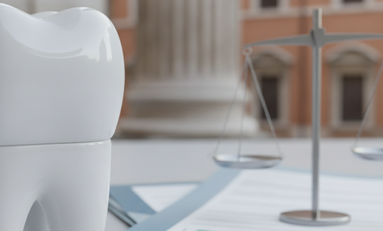 Immagine fotorealistica di un dente o impianto dentale stilizzato in primo piano, affiancato da documenti sfocati e una bilancia astratta che simboleggiano costi e burocrazia, con uno sfondo architettonico italiano molto sfocato.