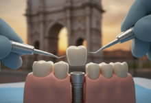 Immagine ravvicinata e ad altissima risoluzione di un impianto dentale moderno, con una corona dentale bianca e realistica, posizionata con precisione in un ambiente clinico luminoso e sterile. Lo sfondo è sottilmente sfocato, con un accenno indistinto di architettura italiana, a rappresentare il contesto del trattamento in Italia. L'illuminazione è chiara e dettagliata, senza alcun testo visibile.