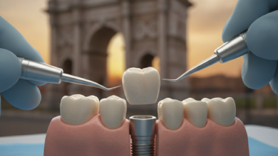Immagine ravvicinata e ad altissima risoluzione di un impianto dentale moderno, con una corona dentale bianca e realistica, posizionata con precisione in un ambiente clinico luminoso e sterile. Lo sfondo è sottilmente sfocato, con un accenno indistinto di architettura italiana, a rappresentare il contesto del trattamento in Italia. L'illuminazione è chiara e dettagliata, senza alcun testo visibile.