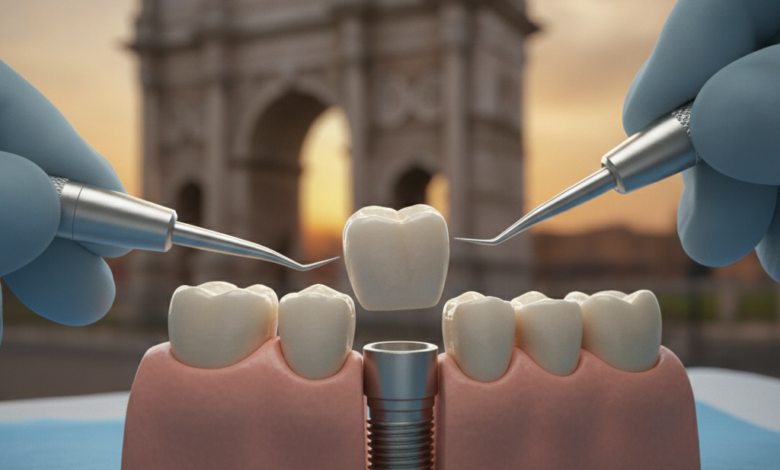 Immagine ravvicinata e ad altissima risoluzione di un impianto dentale moderno, con una corona dentale bianca e realistica, posizionata con precisione in un ambiente clinico luminoso e sterile. Lo sfondo è sottilmente sfocato, con un accenno indistinto di architettura italiana, a rappresentare il contesto del trattamento in Italia. L'illuminazione è chiara e dettagliata, senza alcun testo visibile.