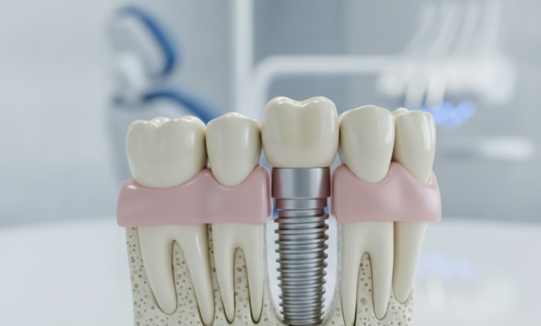 Modello anatomico di un impianto dentale inserito nella mandibola, con dettagli chiari della vite in titanio e della struttura ossea, su uno sfondo sfocato di attrezzature dentistiche e un ambiente clinico pulito. L'immagine è ad alta risoluzione, senza testo visibile.