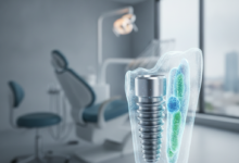 Una vite di impianto dentale in titanio parzialmente inserita in un modello dentale astratto, con uno sfondo sfocato di una clinica dentale moderna e pulita. La scena suggerisce le diverse fasi del trattamento e le visite necessarie.