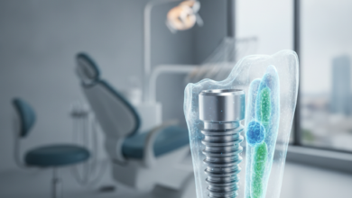 Una vite di impianto dentale in titanio parzialmente inserita in un modello dentale astratto, con uno sfondo sfocato di una clinica dentale moderna e pulita. La scena suggerisce le diverse fasi del trattamento e le visite necessarie.