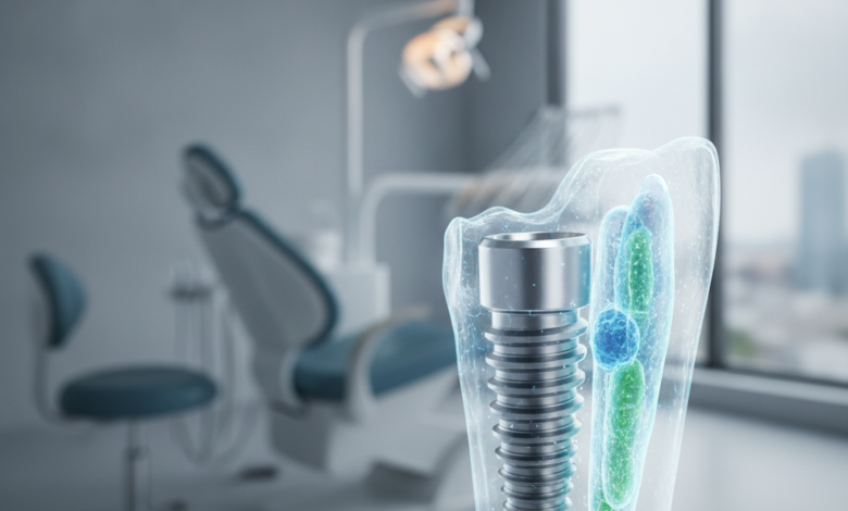 Una vite di impianto dentale in titanio parzialmente inserita in un modello dentale astratto, con uno sfondo sfocato di una clinica dentale moderna e pulita. La scena suggerisce le diverse fasi del trattamento e le visite necessarie.