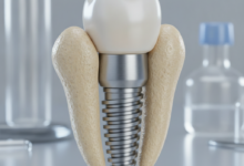 Primo piano fotorealistico di un impianto dentale concettuale, integrato in una struttura ossea stilizzata e sana. La vite dell'impianto in titanio è visibile e saldamente ancorata, con una corona dall'aspetto naturale sfocata sullo sfondo. L'ambiente è pulito e moderno, evocando tecnologia avanzata.