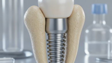 Primo piano fotorealistico di un impianto dentale concettuale, integrato in una struttura ossea stilizzata e sana. La vite dell'impianto in titanio è visibile e saldamente ancorata, con una corona dall'aspetto naturale sfocata sullo sfondo. L'ambiente è pulito e moderno, evocando tecnologia avanzata.