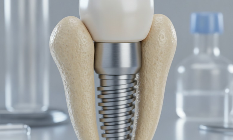 Primo piano fotorealistico di un impianto dentale concettuale, integrato in una struttura ossea stilizzata e sana. La vite dell'impianto in titanio è visibile e saldamente ancorata, con una corona dall'aspetto naturale sfocata sullo sfondo. L'ambiente è pulito e moderno, evocando tecnologia avanzata.