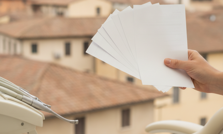 Un primo piano di una mano che tiene documenti finanziari astratti su uno sfondo sfocato di attrezzature dentali moderne e un paesaggio urbano italiano.