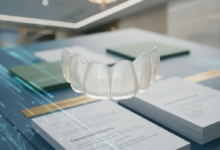 Primo piano nitido di una faccetta dentale bianca e perfettamente levigata, con un effetto bokeh che sfoca lo sfondo. Sullo sfondo indistinto si intravedono forme e colori che suggeriscono grafici finanziari digitali o documenti assicurativi impilati, senza testo riconoscibile. L'illuminazione è calda e professionale, evocando l'interno di una moderna clinica dentale.